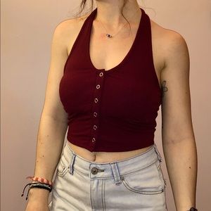 Red shirt / maroon Cropped halter top